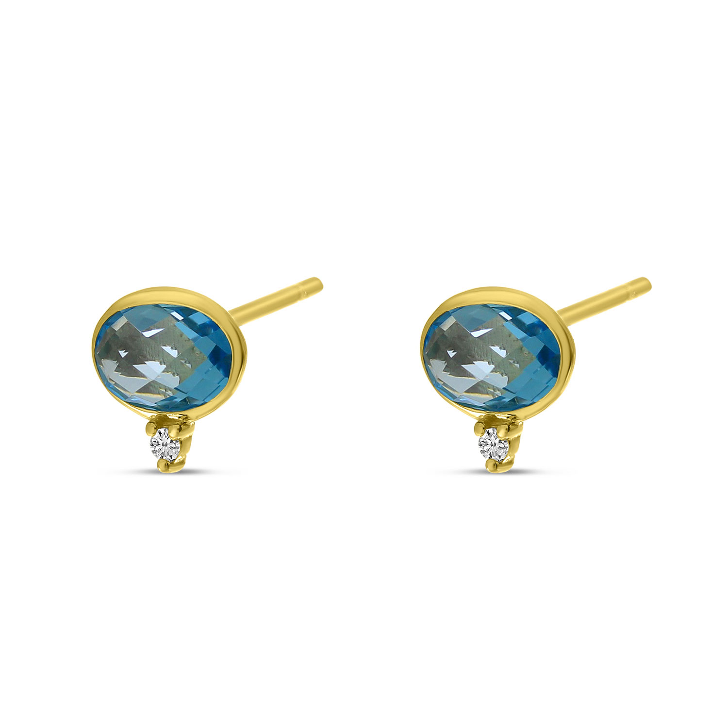 14K Yellow Gold Oval Blue Topaz and Diamond Bezel Stud Earrings