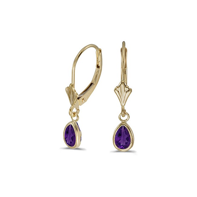 14k Yellow Gold Pear Amethyst Bezel Lever-back Earrings