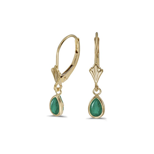 14k Yellow Gold Pear Emerald Bezel Lever-back Earrings