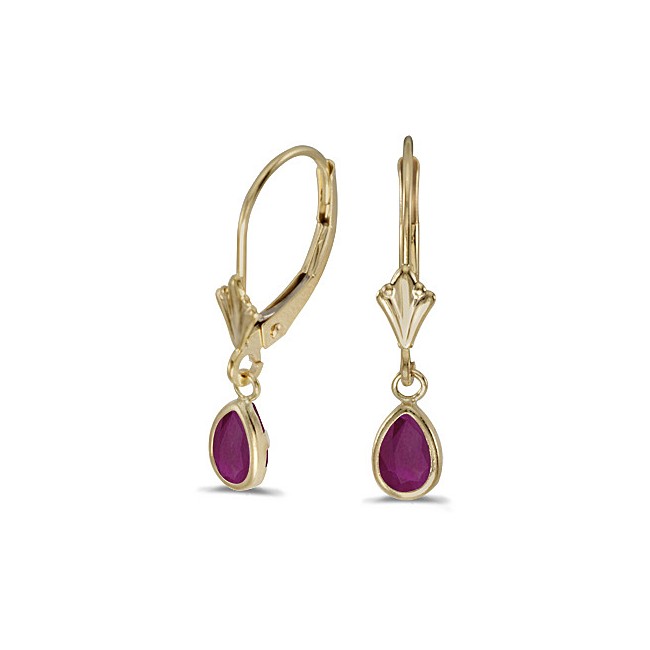 14k Yellow Gold Pear Ruby Bezel Lever-back Earrings