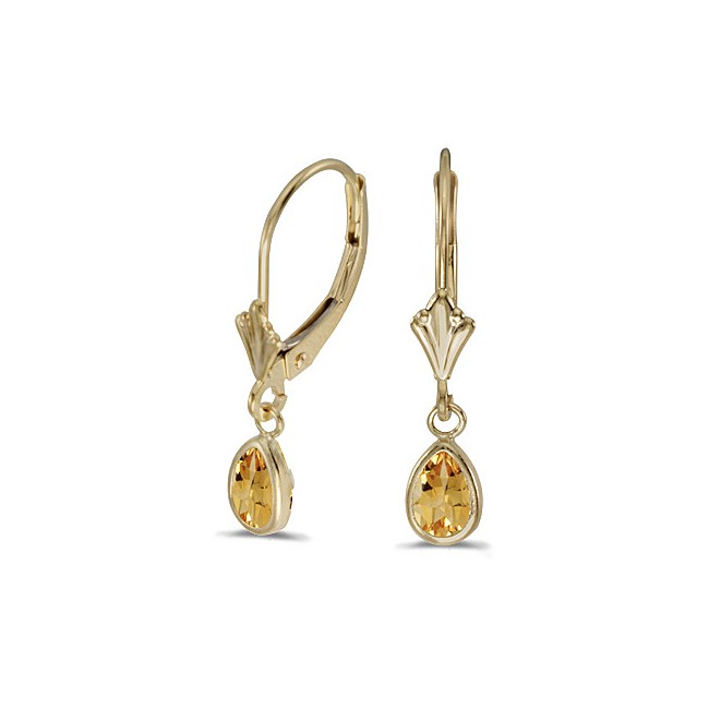 14k Yellow Gold Pear Citrine Bezel Lever-back Earrings