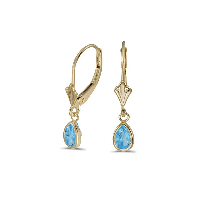 14k Yellow Gold Pear Blue Topaz Bezel Lever-back Earrings