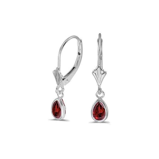 14k White Gold Pear Garnet Bezel Lever-back Earrings