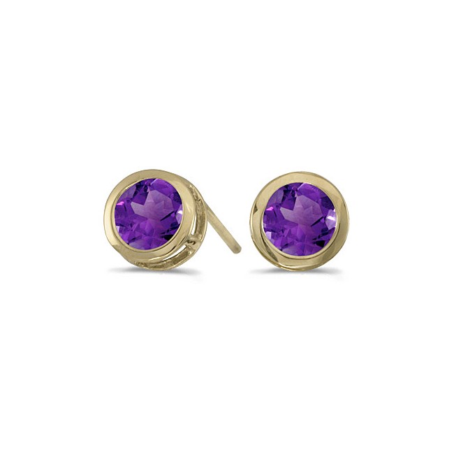 14k Yellow Gold Round Amethyst Bezel Stud Earrings