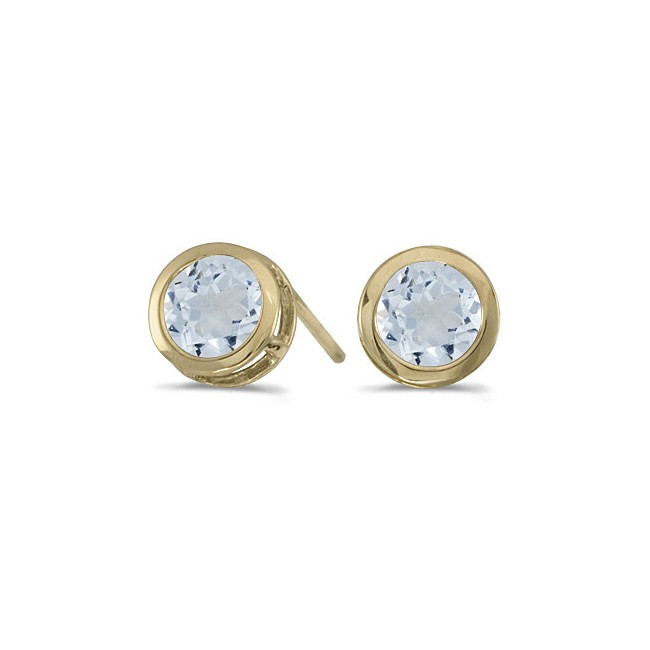 14k Yellow Gold Round Aquamarine Bezel Stud Earrings