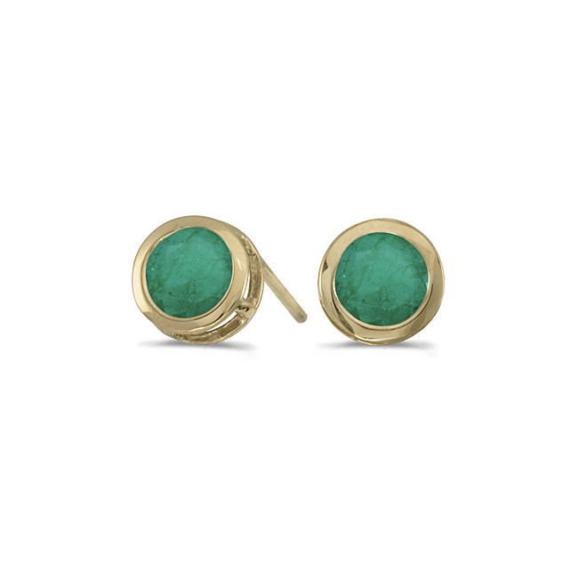 14k Yellow Gold Round Emerald Bezel Stud Earrings