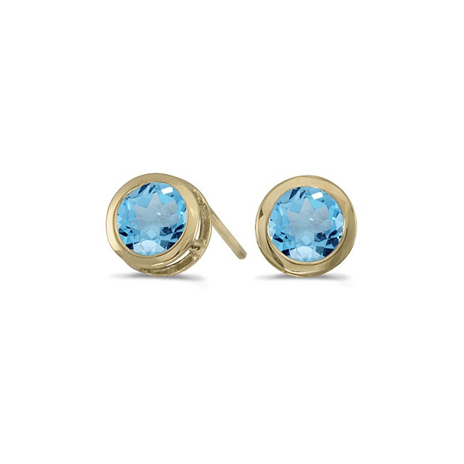 14k Yellow Gold Round Blue Topaz Bezel Stud Earrings