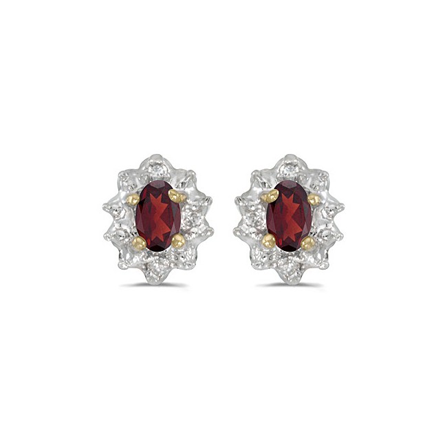 10k Yellow Gold Oval Garnet And Diamond Earrings