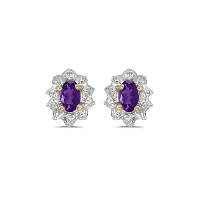 10k Yellow Gold Oval Amethyst And Diamond Earrings