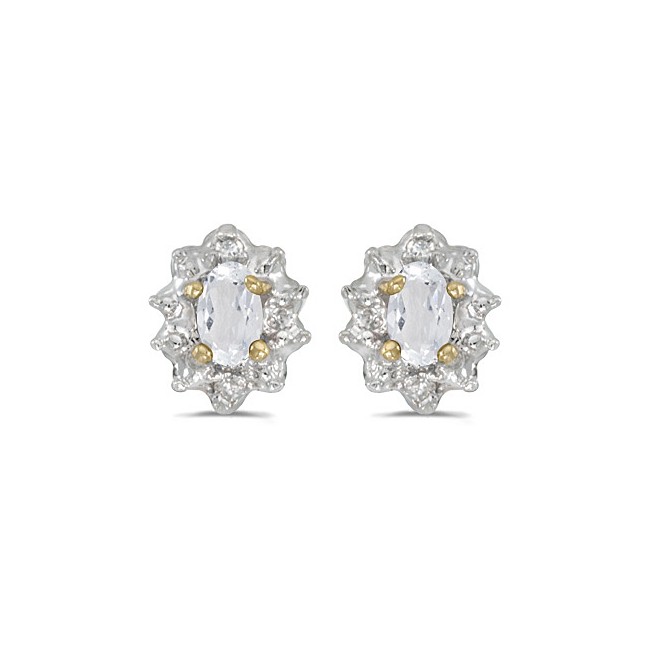 10k Yellow Gold Oval White Topaz And Diamond Earrings