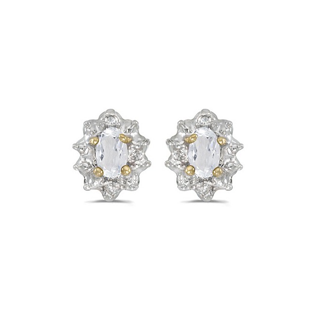 10k Yellow Gold Oval White Topaz And Diamond Earrings