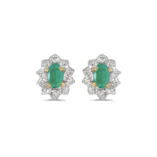 10k Yellow Gold Oval Emerald And Diamond Earrings