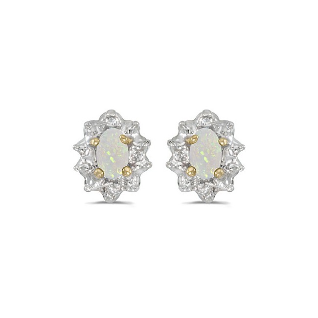 10k Yellow Gold Oval Opal And Diamond Earrings