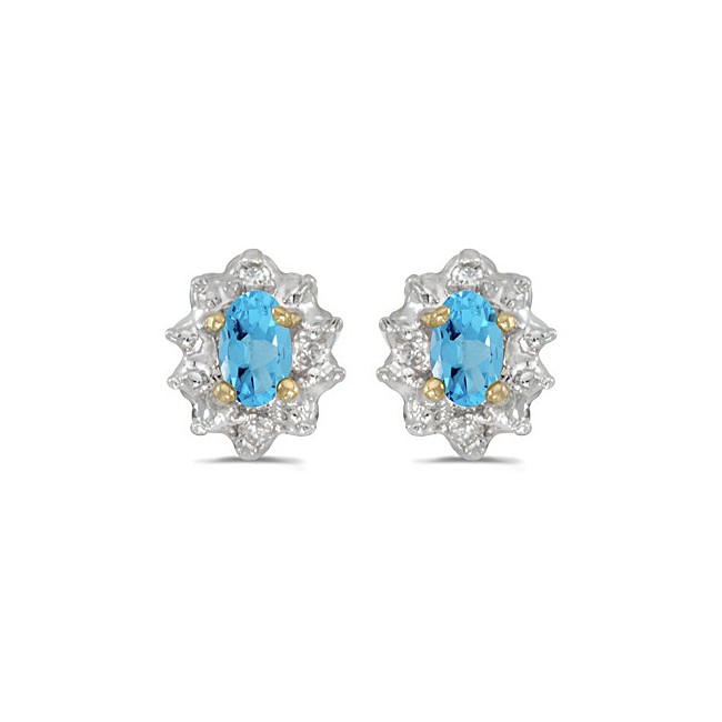 10k Yellow Gold Oval Blue Topaz And Diamond Earrings