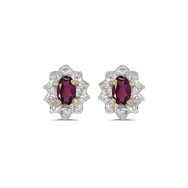 10k Yellow Gold Oval Rhodolite Garnet And Diamond Earrings