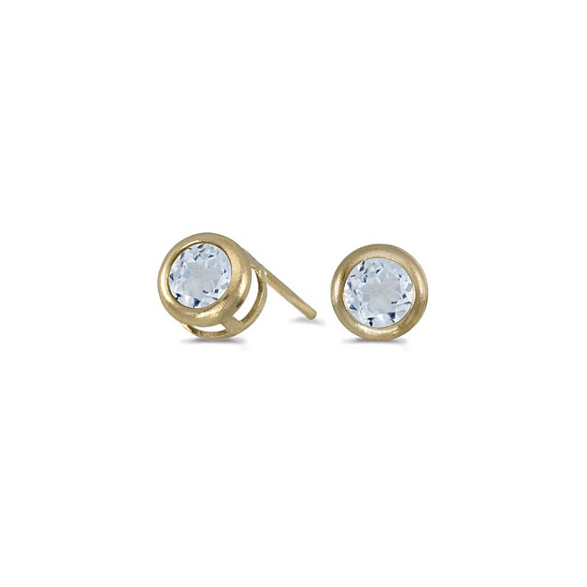 14k Yellow Gold Round Aquamarine Bezel Stud Earrings