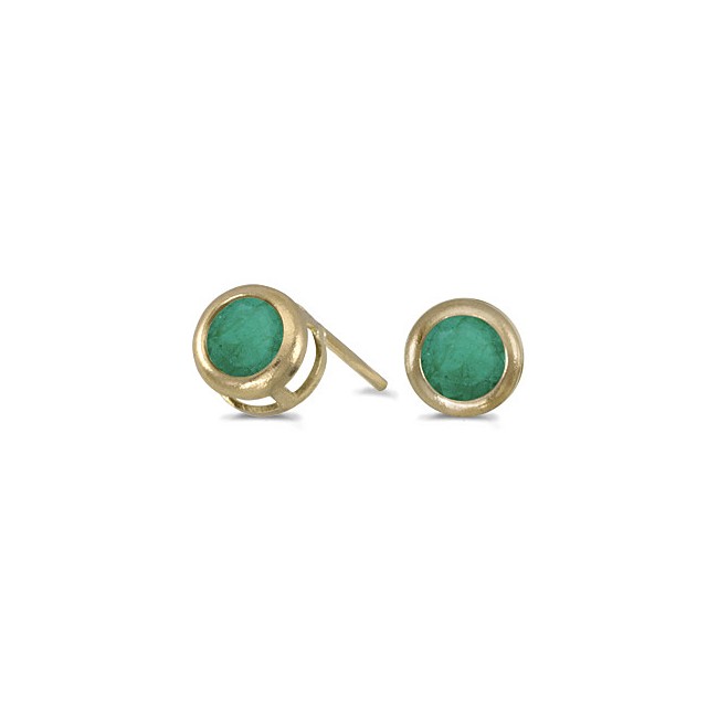 14k Yellow Gold Round Emerald Bezel Stud Earrings
