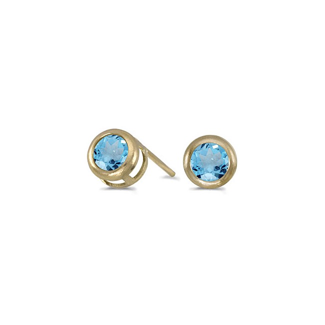 14k Yellow Gold Round Blue Topaz Bezel Stud Earrings