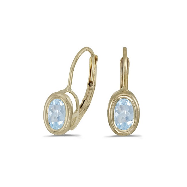 14K Yellow Gold Oval Aquamarine Bezel Lever-back Earrings