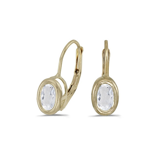 14K Yellow Gold Oval White Topaz Bezel Lever-back Earrings