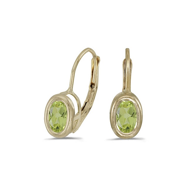 14K Yellow Gold Oval Peridot Bezel Lever-back Earrings