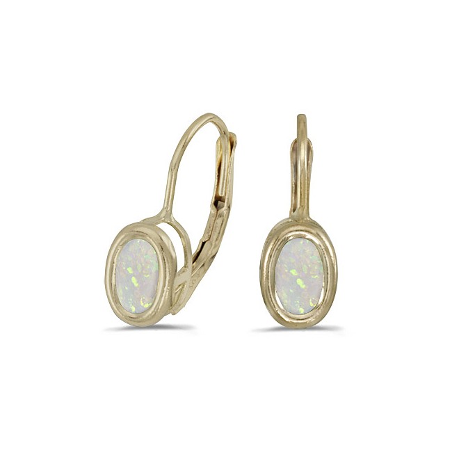 14K Yellow Gold Oval Opal Bezel Lever-back Earrings