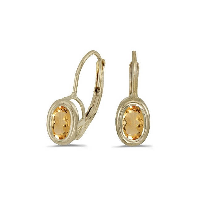 14K Yellow Gold Oval Citrine Bezel Lever-back Earrings