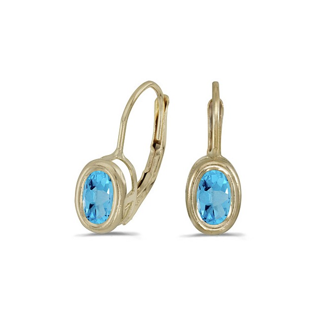 14K Yellow Gold Oval Blue Topaz Bezel Lever-back Earrings