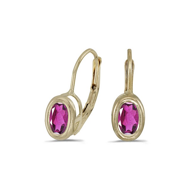 14K Yellow Gold Oval Pink Tourmaline Bezel Lever-back Earrings