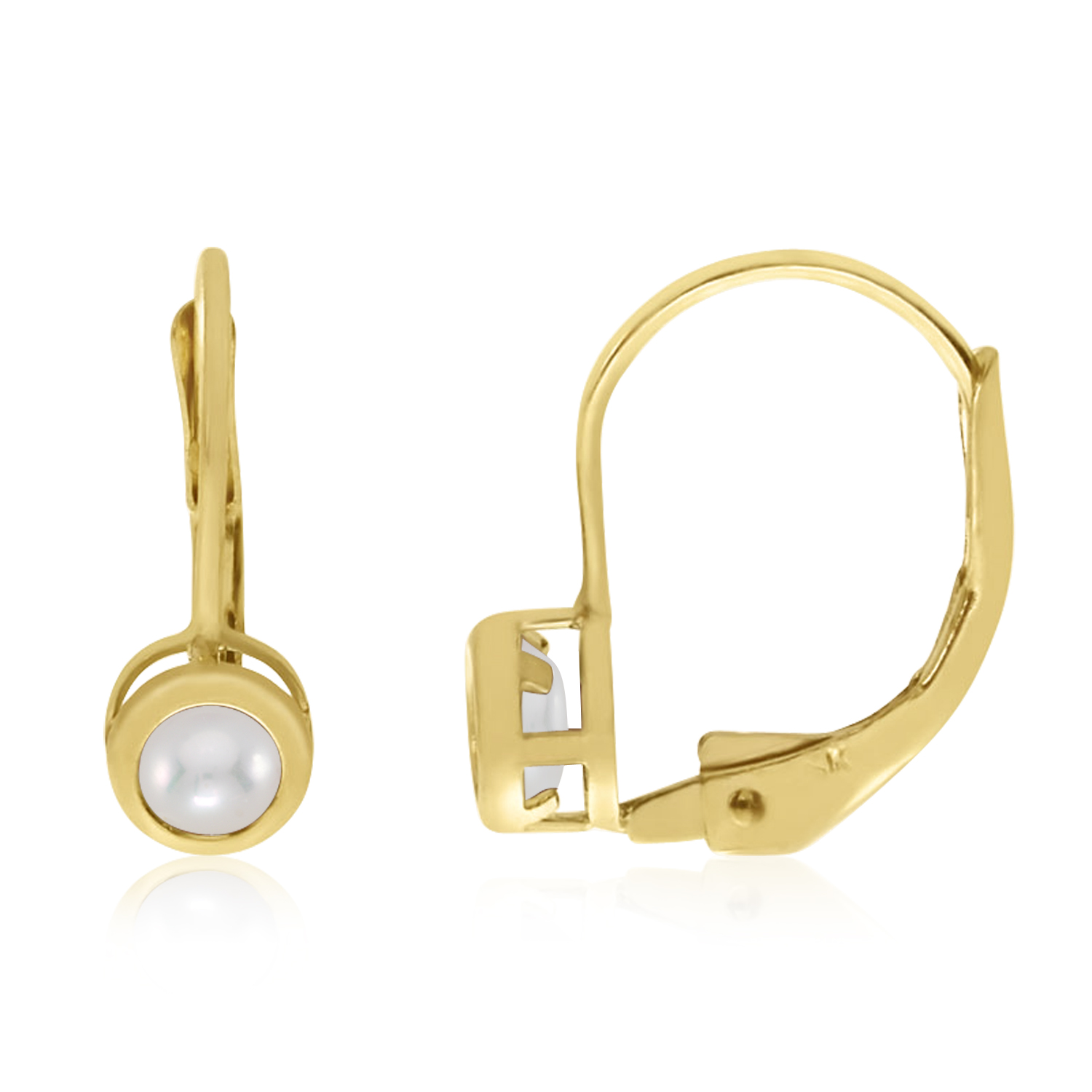 14K Yellow Gold Round Pearl Bezel Lever-back Earrings