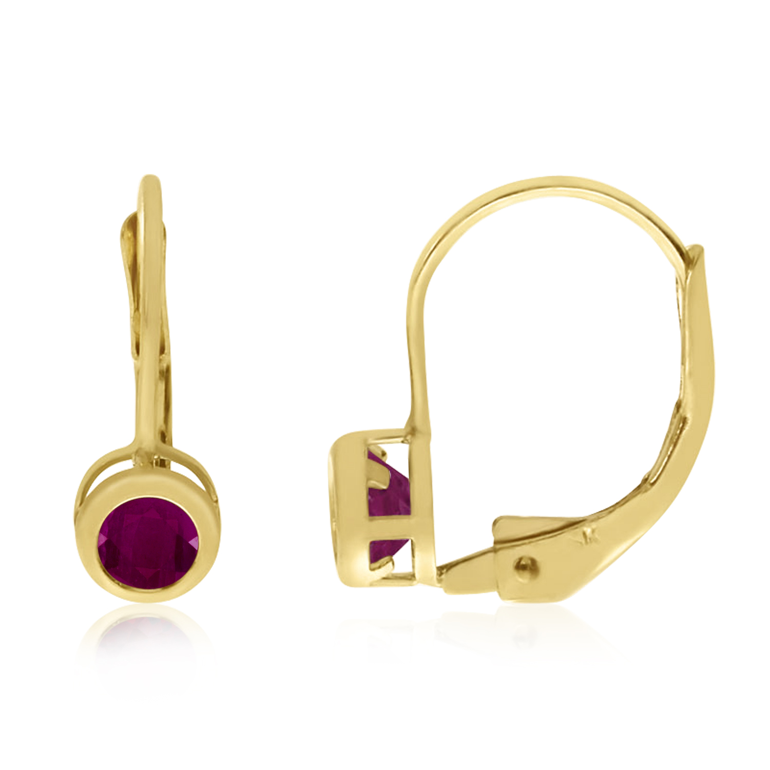 14K Yellow Gold Round Ruby Bezel Lever-back Earrings