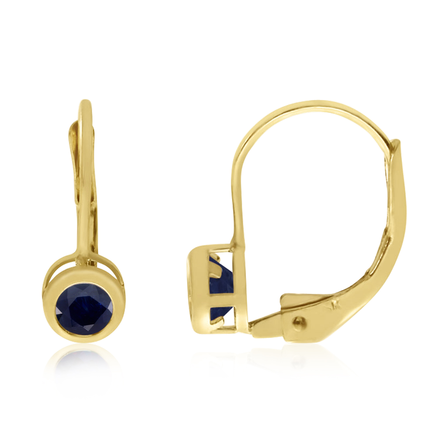 14K Yellow Gold Round Sapphire Bezel Lever-back Earrings