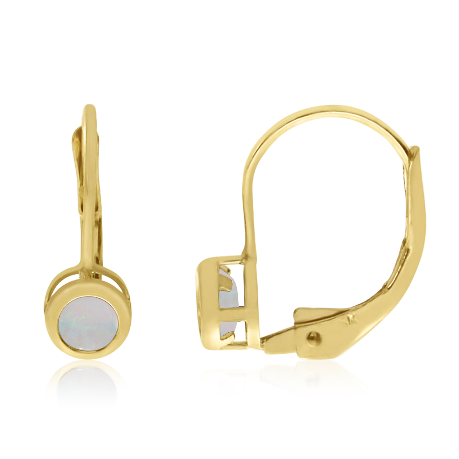 14K Yellow Gold Round Opal Bezel Lever-back Earrings