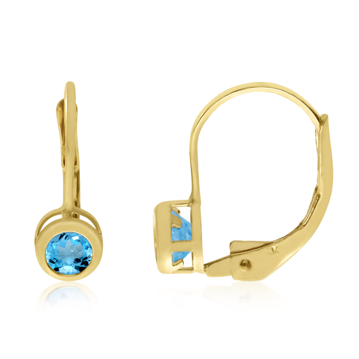 14K Yellow Gold Round Blue Topaz Bezel Lever-back Earrings