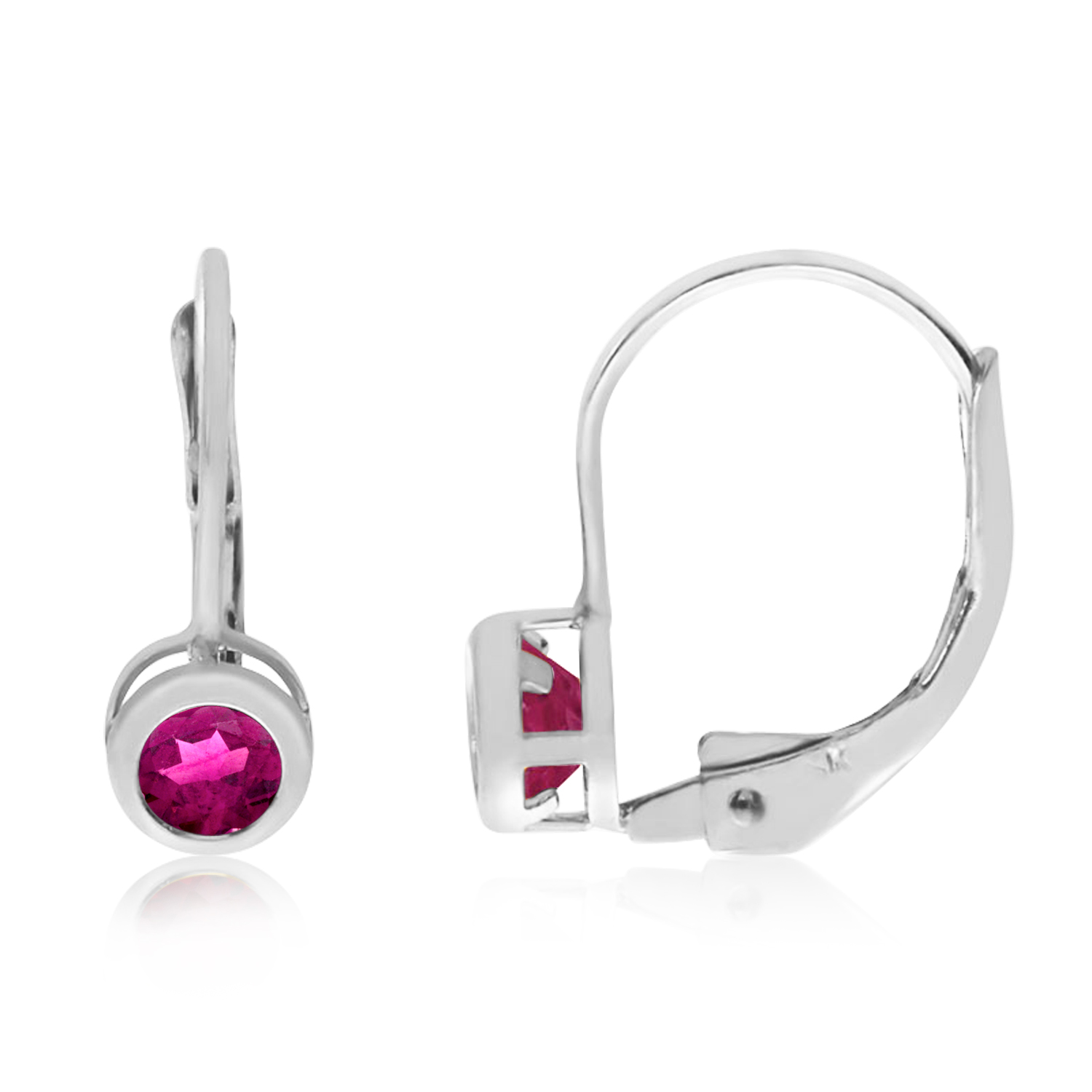 14K White Gold Round Pink Tourmaline Bezel Lever-back Earrings