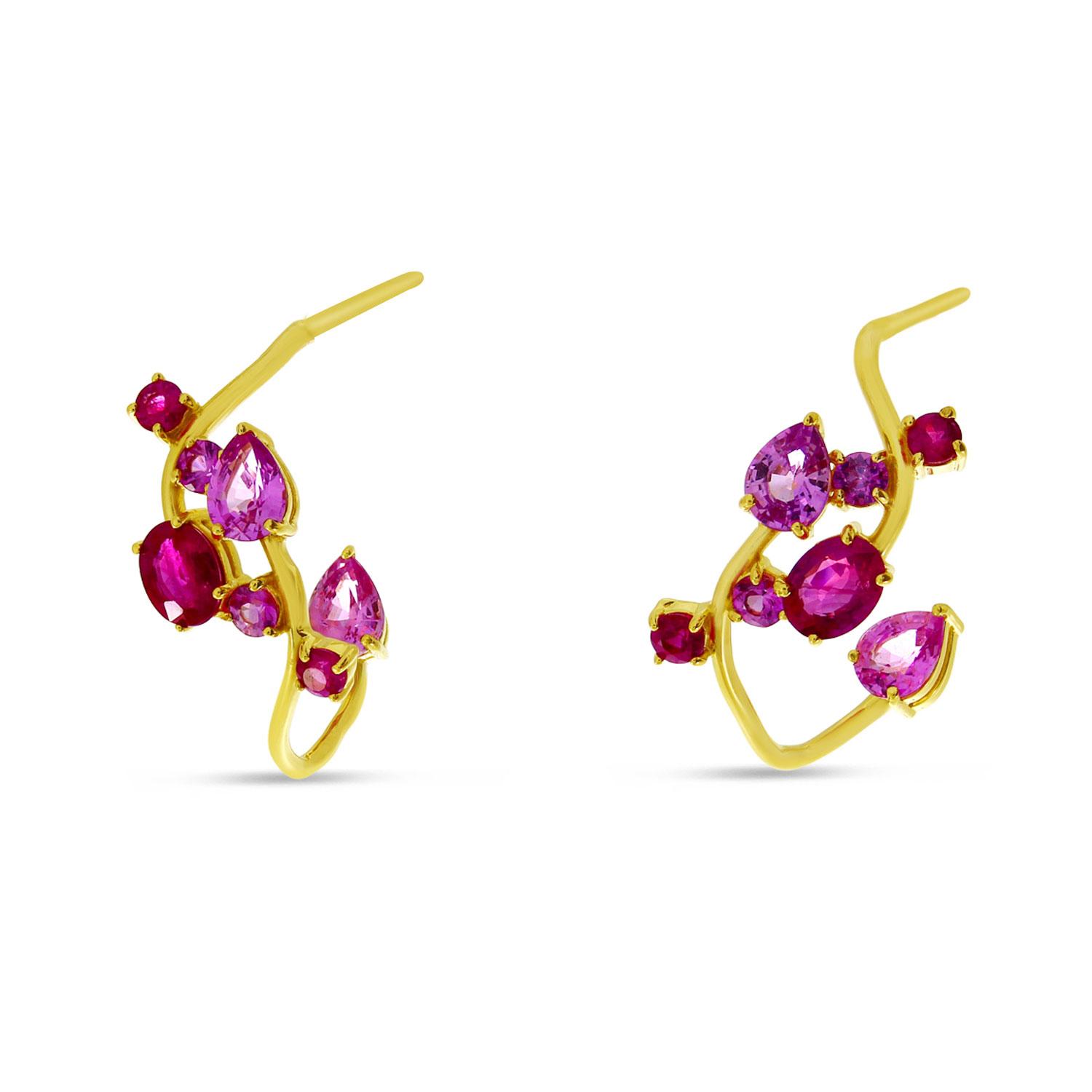 14K Yellow Gold Scattered Pear, Oval and Round Ruby Hoop Earrings