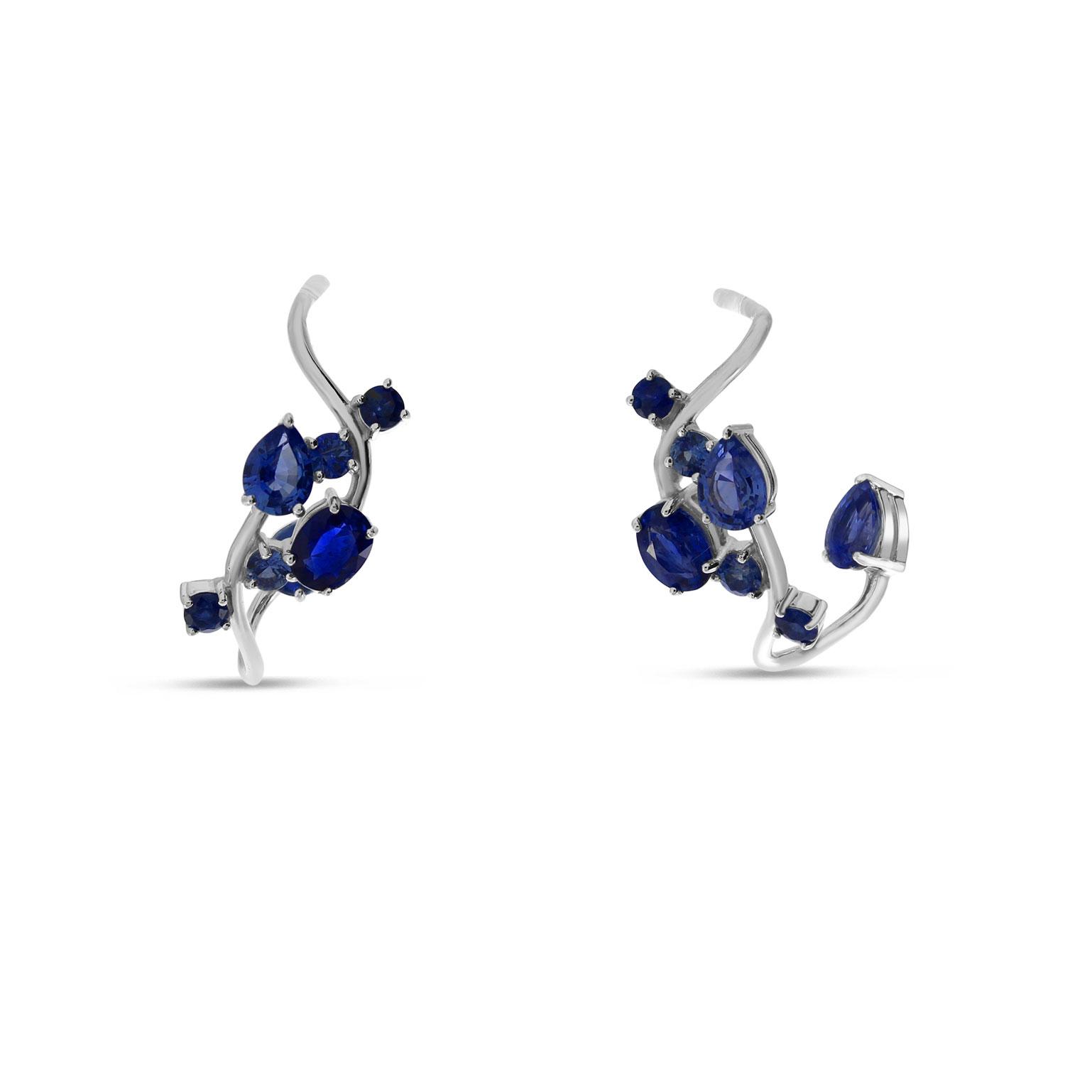 14K White Gold Scattered Pear, Oval and Round Sapphire Hoop Earrings