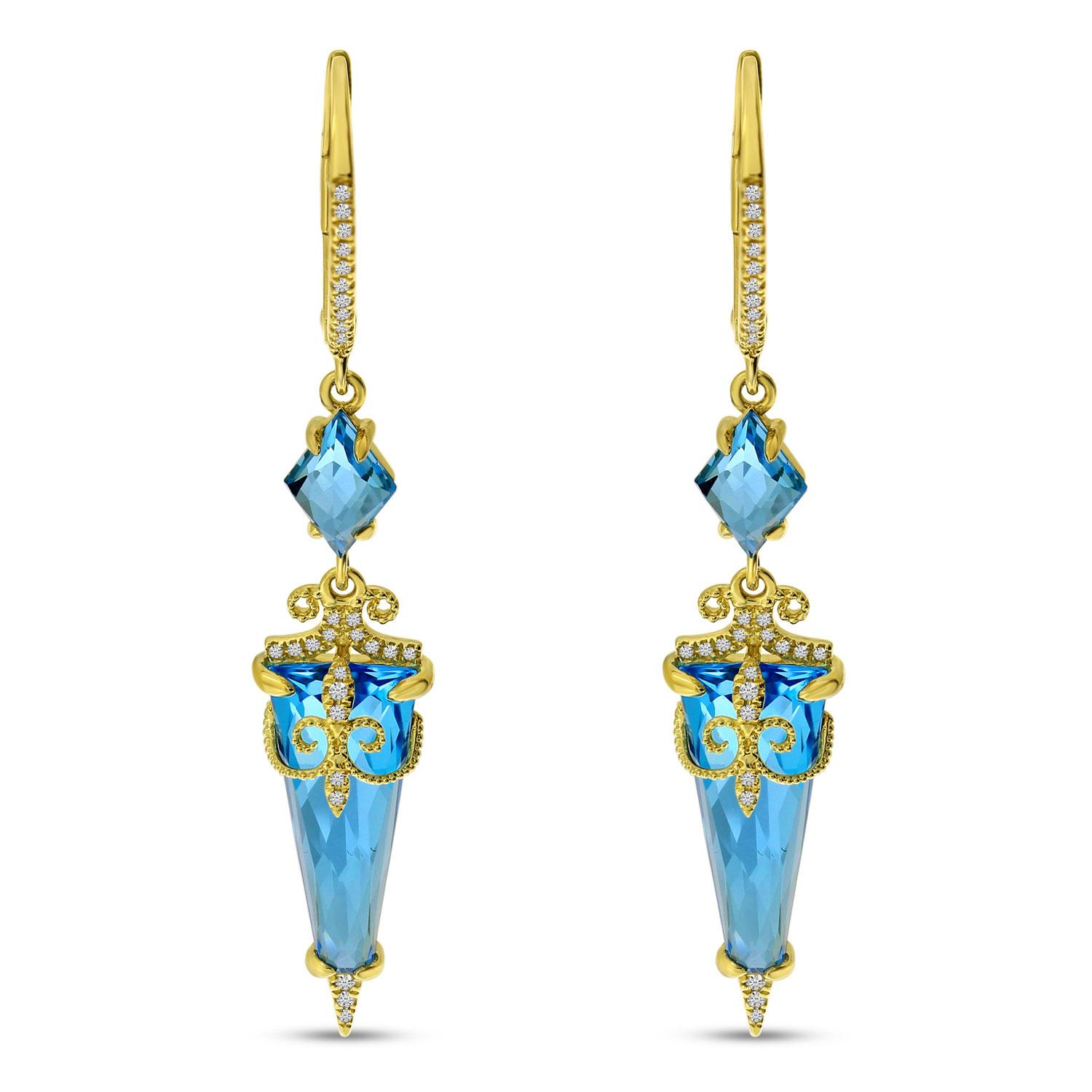 14K Yellow Gold Blue Topaz and Diamond Dangle Earrings