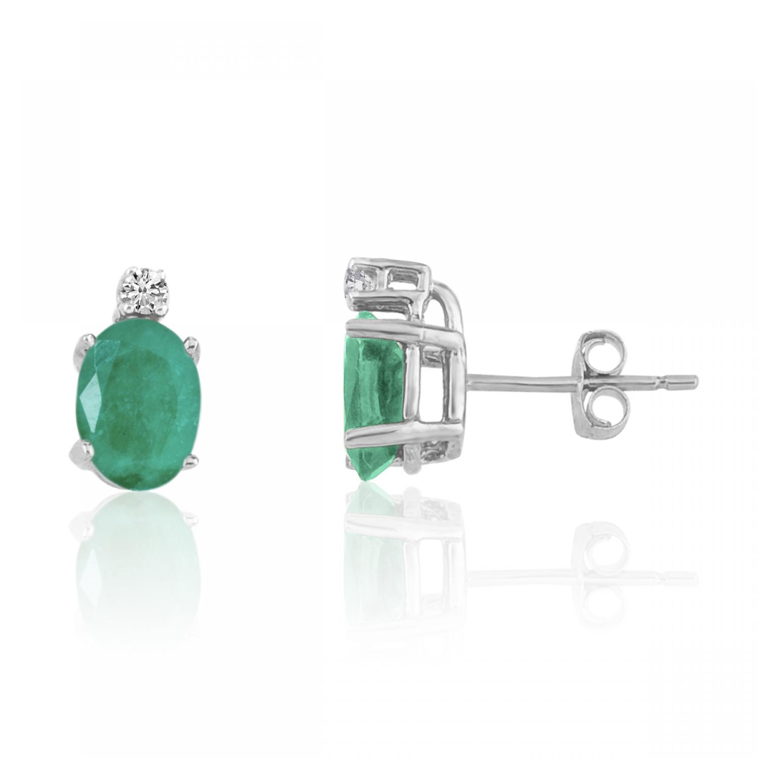 14K White Gold Oval Emerald and Diamond Earrings