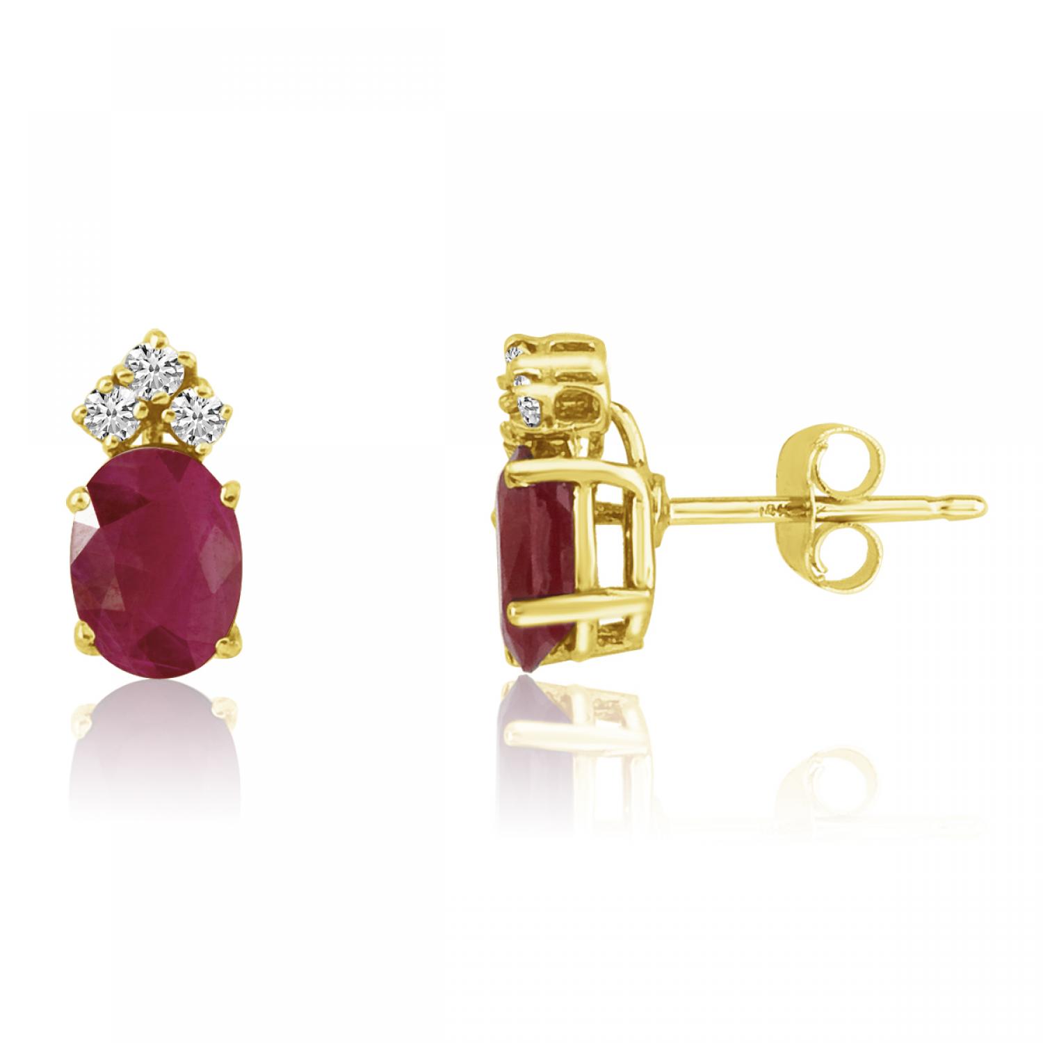 14K Yellow Gold Oval Ruby and Diamond Earrings