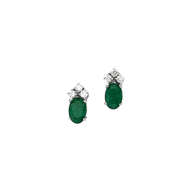 14K White Gold Oval Emerald and Diamond Earrings