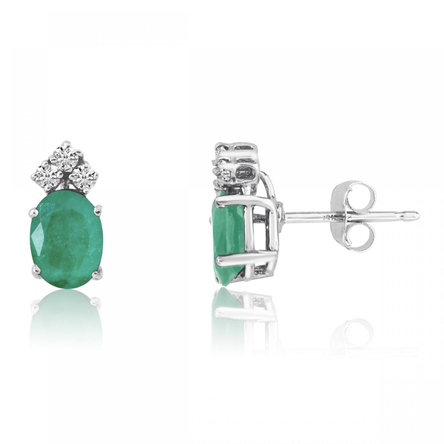 14K White Gold Oval Emerald and Diamond Earrings