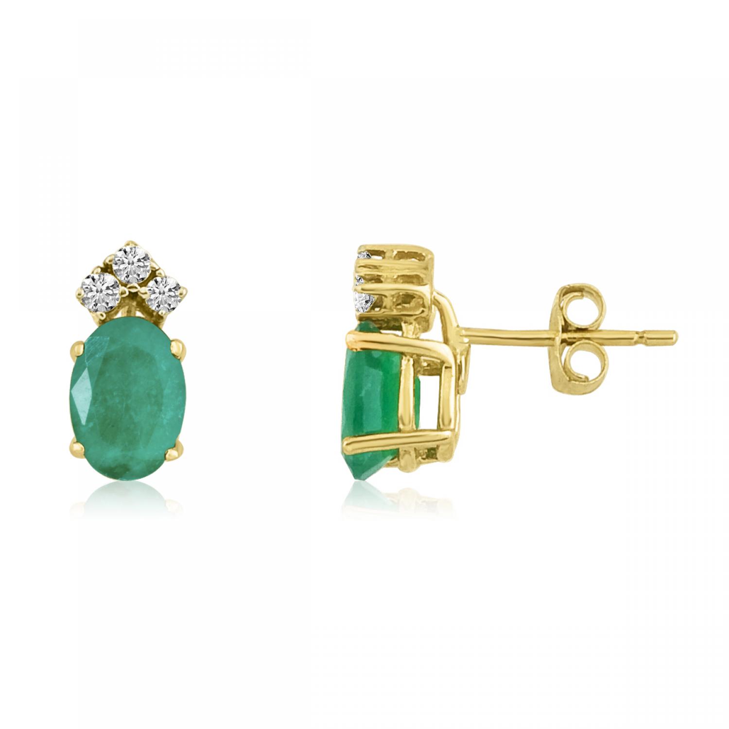 14K Yellow Gold Oval Emerald and Diamond Earrings