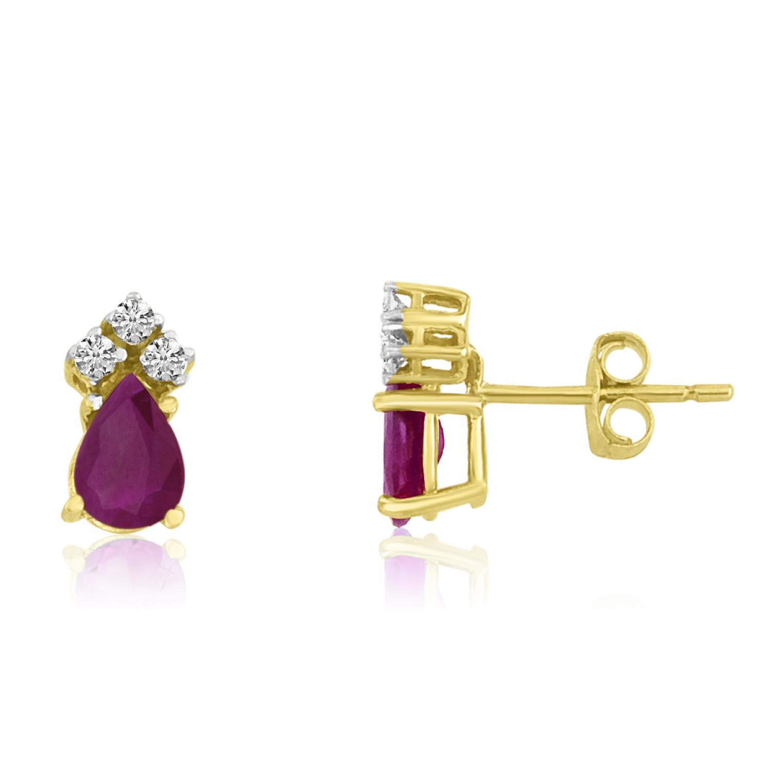 14K Yellow Gold Pear Ruby and Diamond Earrings