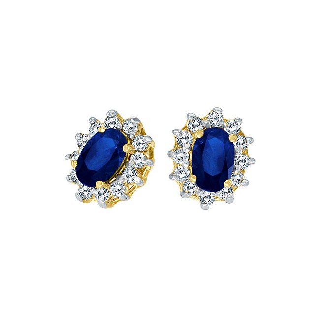 14K Yellow Gold Precious Oval Sapphire and Diamond Earrings