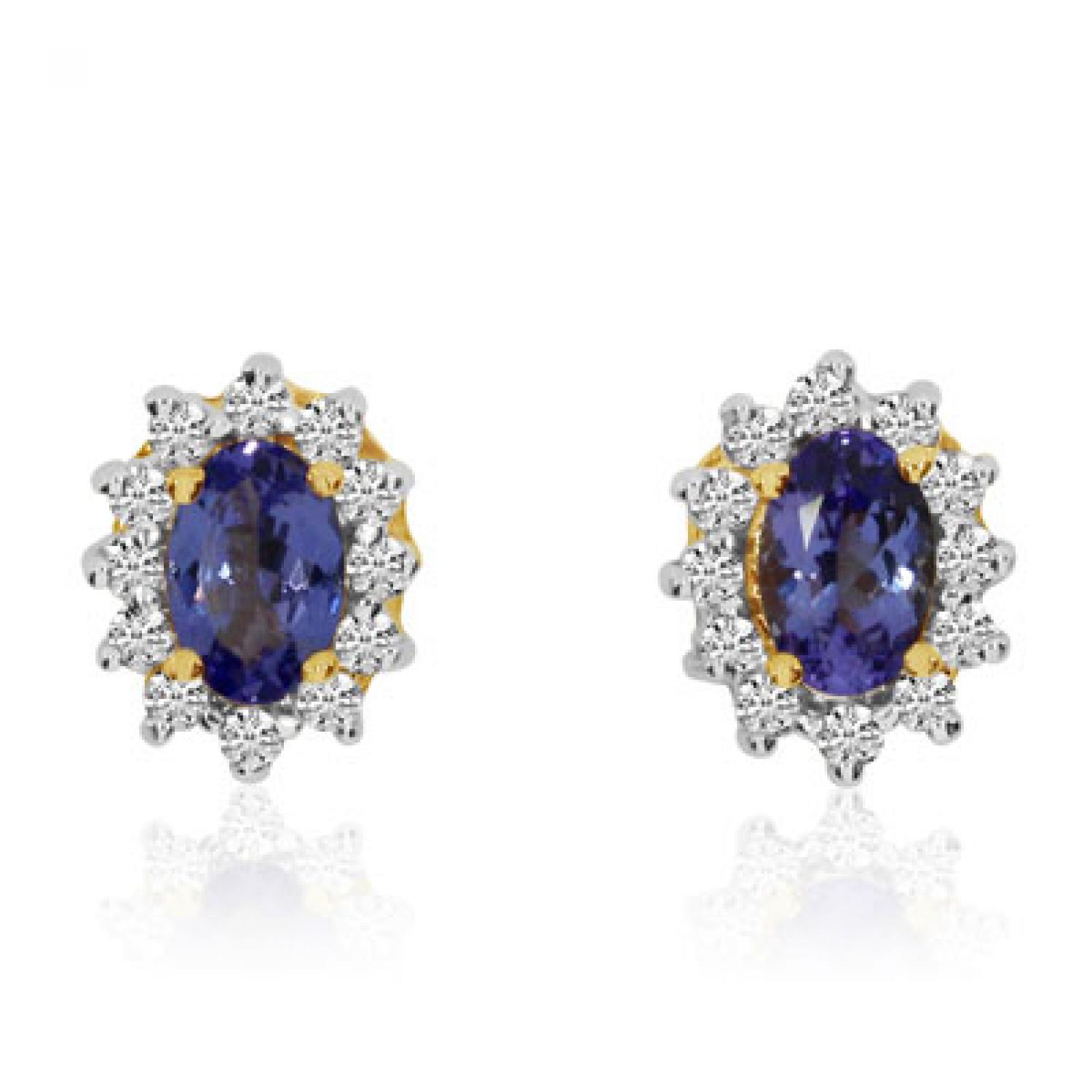 14K Yellow Gold 6x4 Oval Tanzanite and Diamonds Stud Earrings