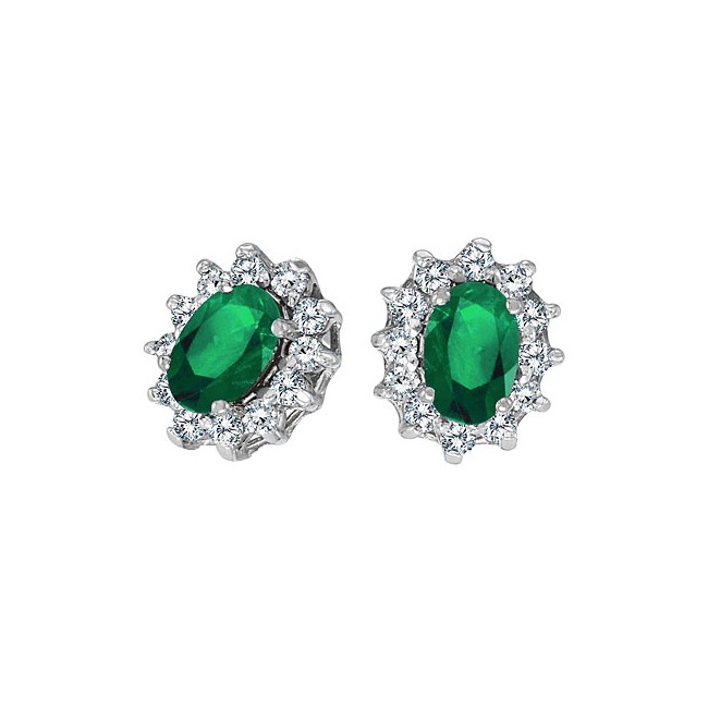14K White Gold Precious Oval Emerald and Diamond Earrings