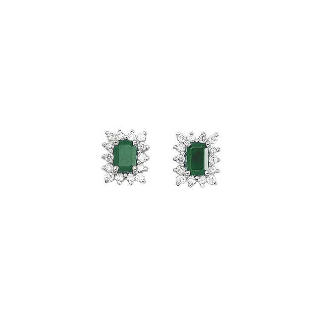 14K White Gold Emerald-Cut Emerald and Diamond Earrings