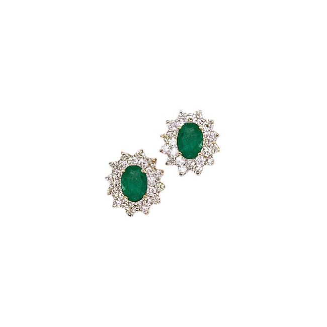 14K Yellow Gold Oval Emerald and Diamond Earrings