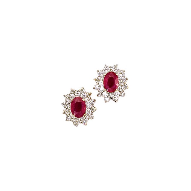 14K Yellow Gold Oval Ruby and Diamond Earrings